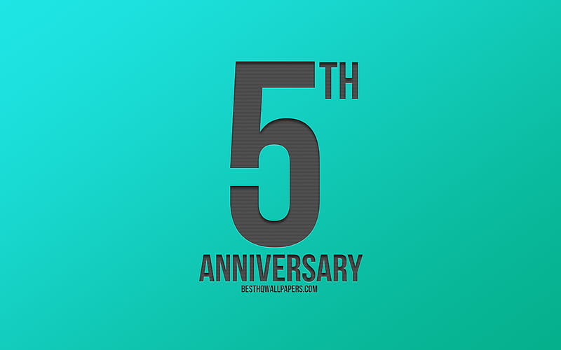 5th Anniversary sign, turquoise background, carbon anniversary signs, 5 Years Anniversary, stylish anniversary symbols, 5th Anniversary, creative art, HD wallpaper