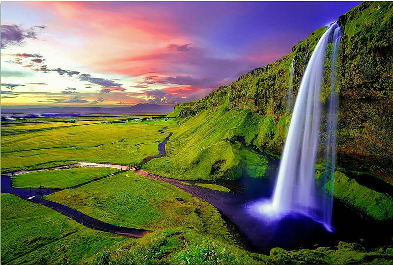 Icelandic Waterfall, sky, green, landscape, sunset, river, clouds, HD wallpaper