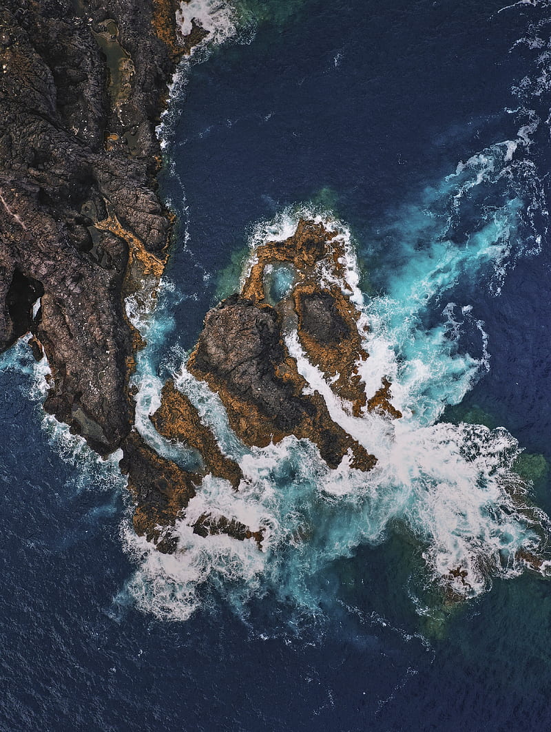 sea, rocks, aerial view, waves, coast, HD phone wallpaper
