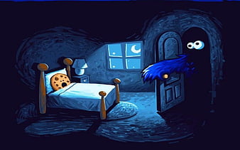 Cookie Monster And Cookie, Closet, Window, Moon, Bed, Cookie, Monster, Blue, HD wallpaper