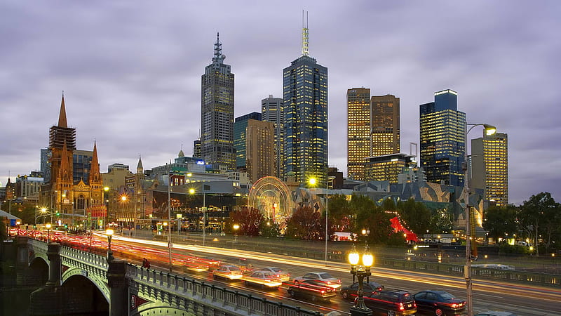 Melbourne, architecture, buildings, bridges, sky, clouds, lights, skyscrapers, carros, modern, city, australia, HD wallpaper