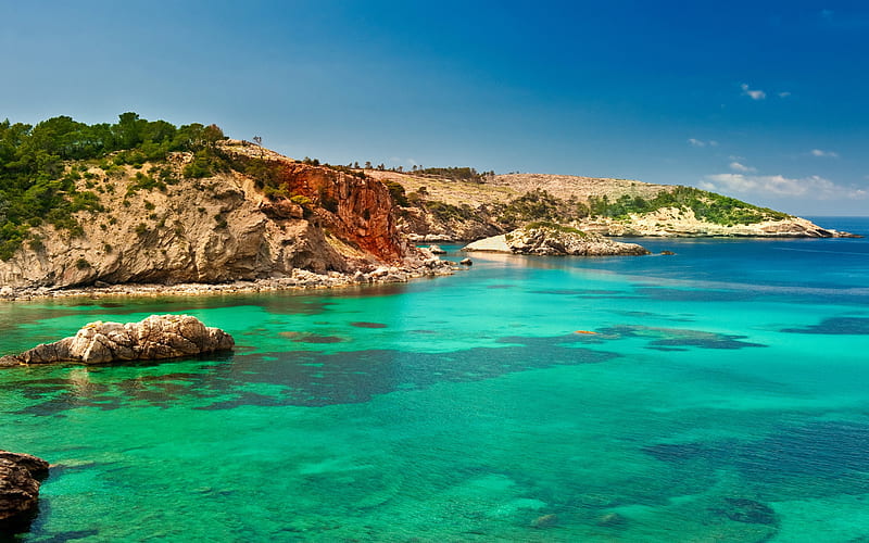Ibiza, summer, Mediterranean Sea, coast, blue lagoon, sea, Spain, HD wallpaper