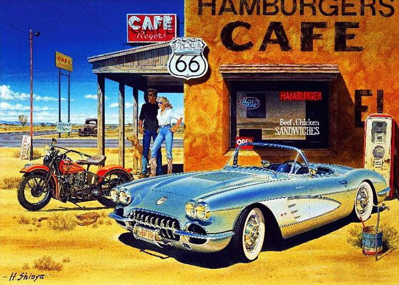 Arizona Cafe, house, desert, route 66, car, painting, bike, artwork, HD wallpaper