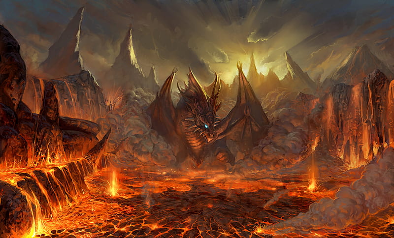 Dragon in Lava, lava, fire, burn, dragon, HD wallpaper