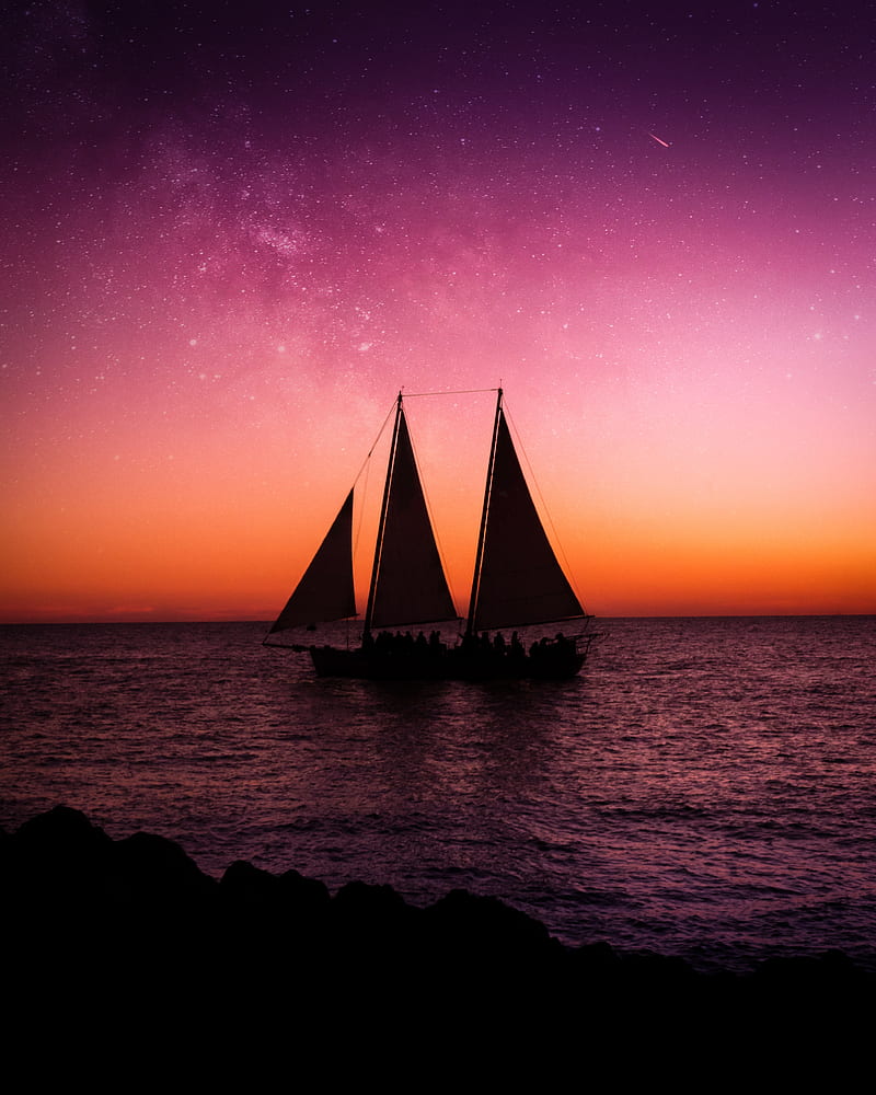 ship, sailboat, sea, dusk, dark, HD phone wallpaper