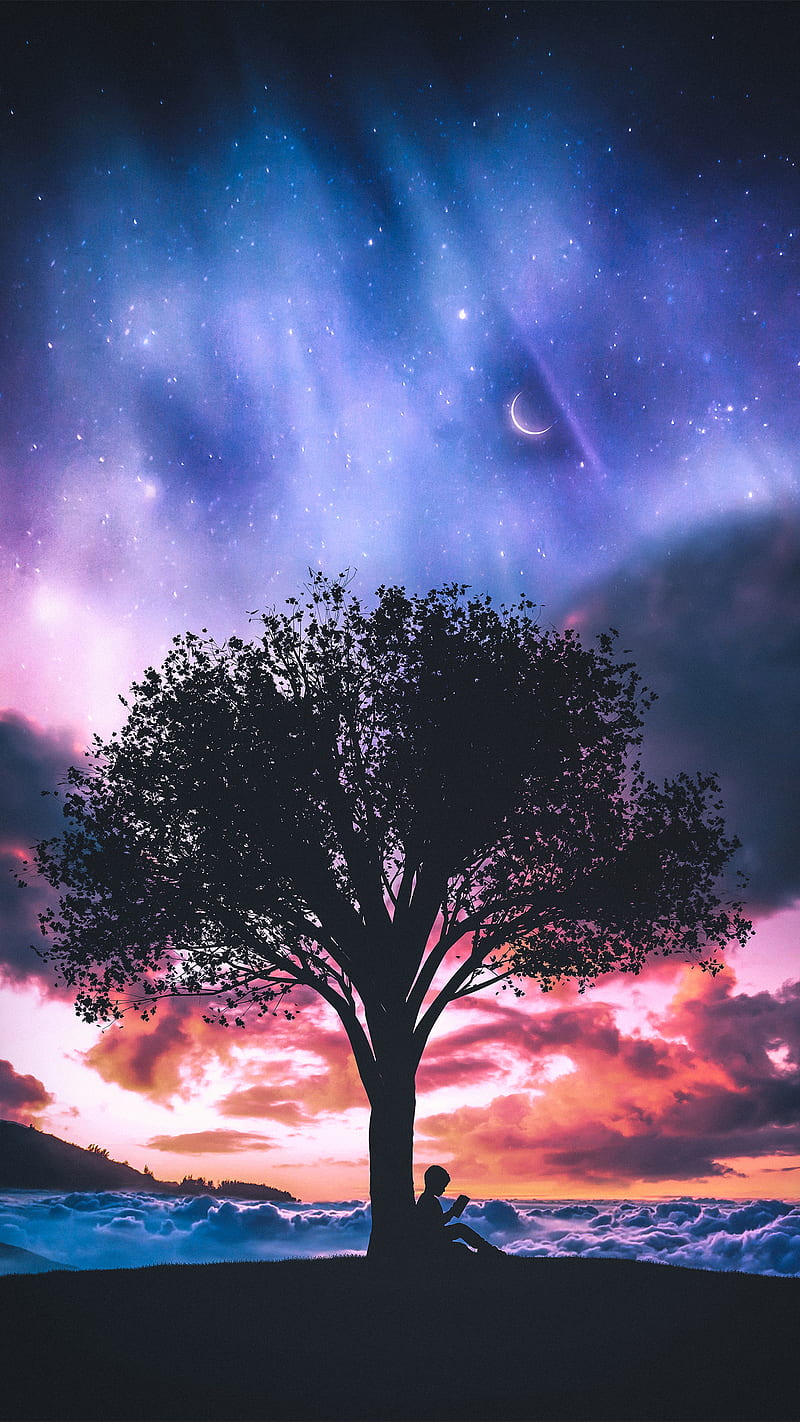Escape from reality, M_A_Visuals, aurora, clouds, cosmos, fantasy, happy, kid, landscape, moon, nature, nice, scifi, space, tree, HD phone wallpaper