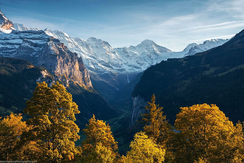 Lauterbrunnen Valley, Switzerland, peaks, autumn, alps, trees, sky, HD wallpaper