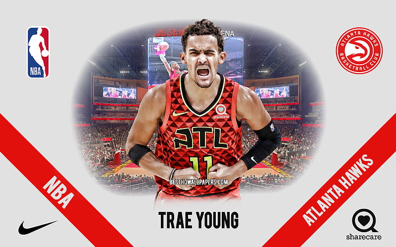 Trae Young, Atlanta Hawks, American Basketball Player, NBA, portrait, USA, basketball, State Farm Arena, Atlanta Hawks logo, HD wallpaper