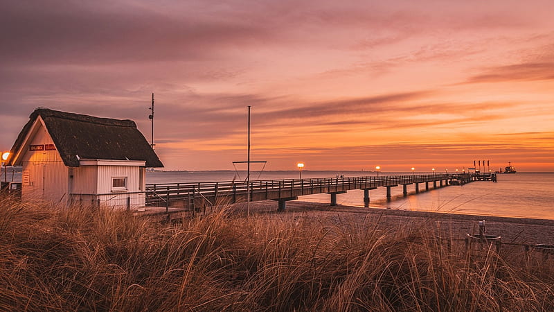 Sunset at the Baltic Sea, sky, germany, pier, colors, cabin, clouds, HD wallpaper