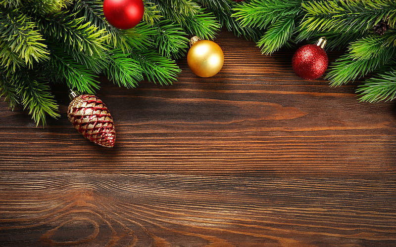 Christmas, wooden background, green tree, Christmas balls, cones, HD wallpaper
