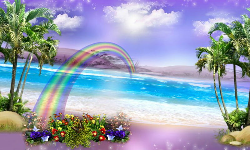 Magic Beach, pretty, bonito, rainbow, clouds, beach, paradise