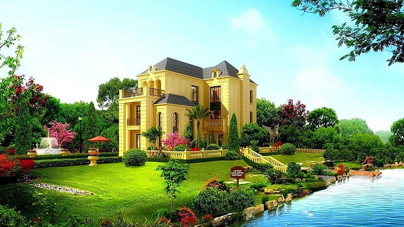 House, pond, garden, arcitecture, HD wallpaper
