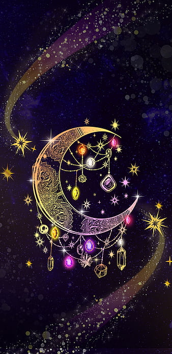 Galaxy Moon, colourful, galaxy, gold, jewels, moon, pink, purple, stars, yellow, HD mobile wallpaper
