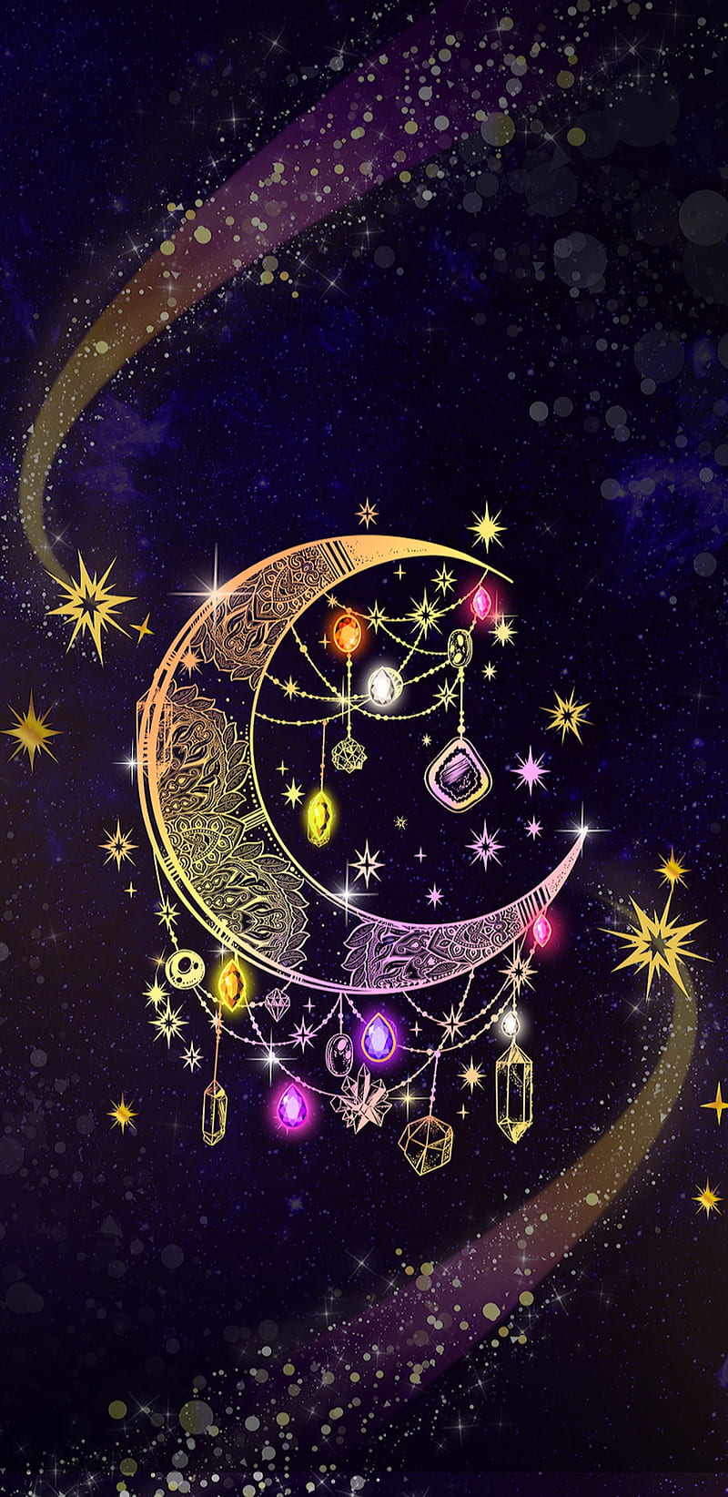 Galaxy Moon, colourful, galaxy, gold, jewels, moon, pink, purple, stars, yellow, HD phone wallpaper