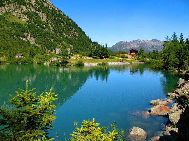 Lake in Italian Alps, Alps, shore, Italy, bonito, mirrored, mountain, nice, stones, green, reflection, blue, quiet, calmness, lovely, view, mountainscape, clear, emerald, sky, lake, waters, tree, serenity, slope, summer, crystal, nature, landscape, HD wallpaper