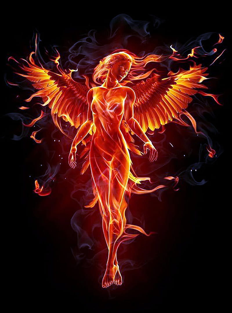 Fire Angel, angel, dark, fire, flame, flames, flaming, phoenix, HD phone wallpaper