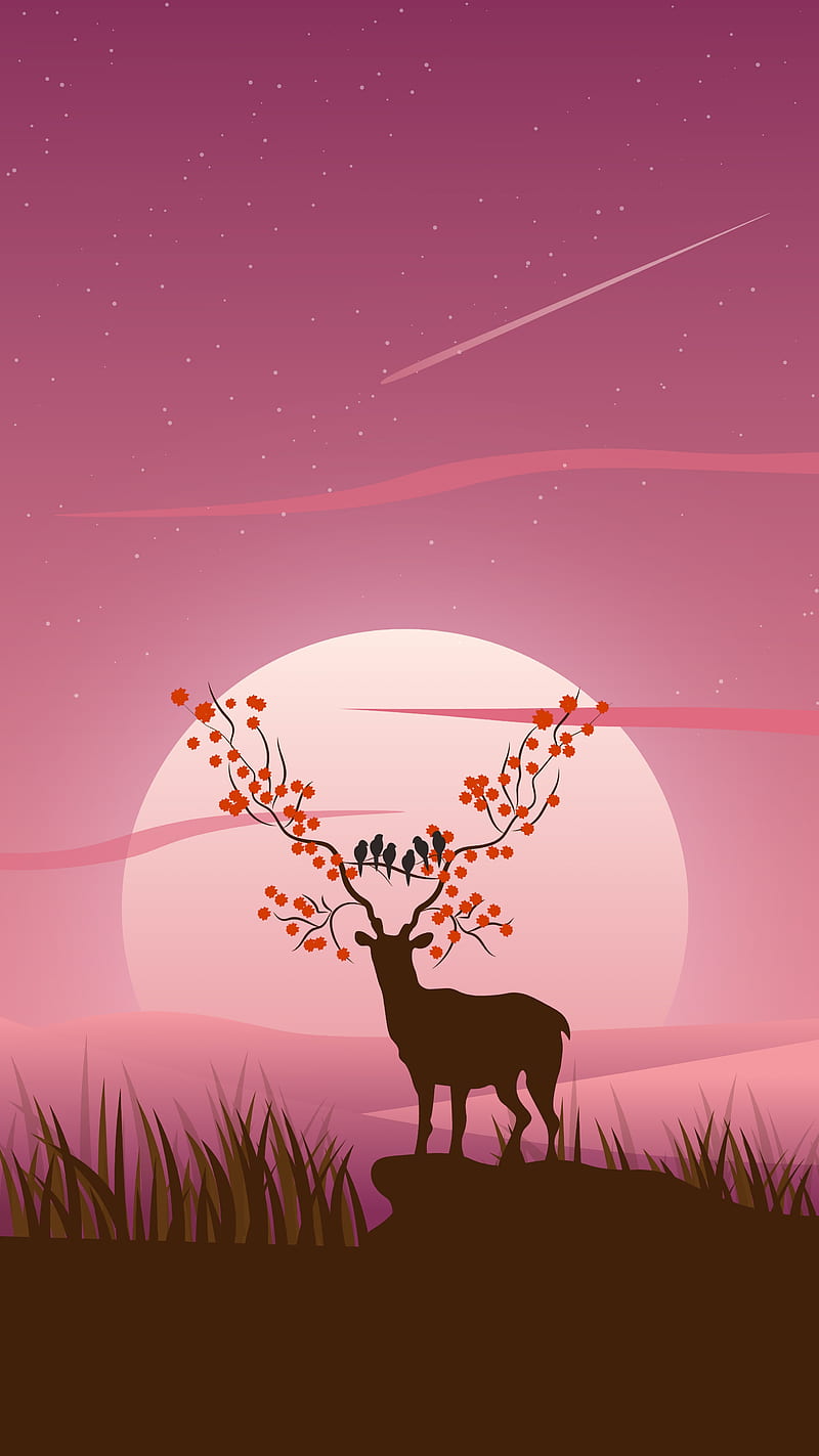 Deer silhouette pink, aesthetic, art, deer, illustration, imagination, minimal, pink, positive, silhouette, sunset, HD phone wallpaper