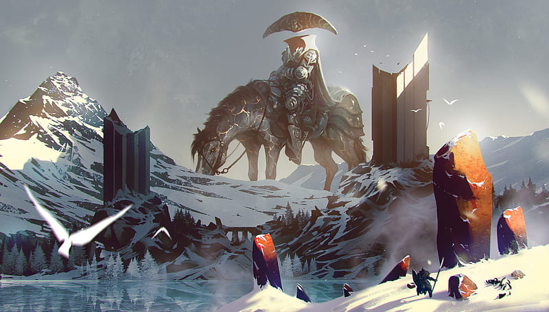 giant horse, ruins, knight, armor, snow, birds, Fantasy, HD wallpaper