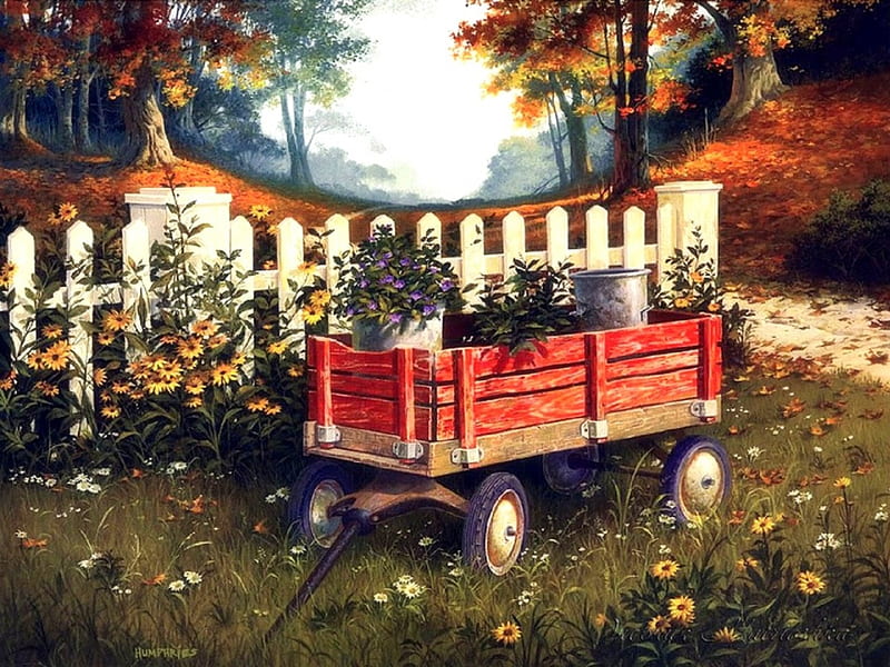 Welcome Wagon, fence, lovely still life, draw and paint, love four seasons, pots, paintings, wagon, flowers, garden, HD wallpaper