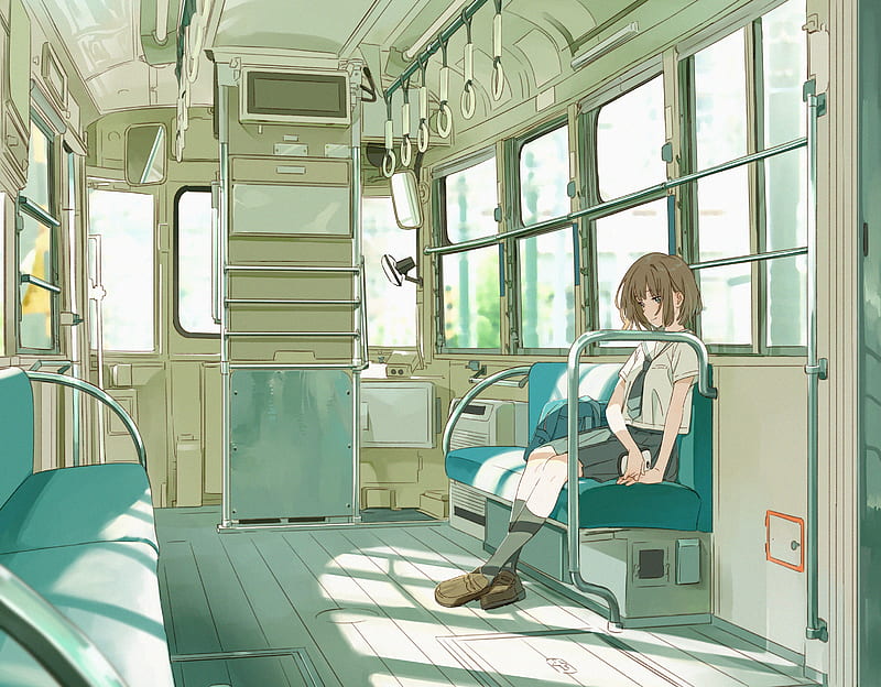 anime school girl, tram trip, uniform, scenic, Anime, HD wallpaper