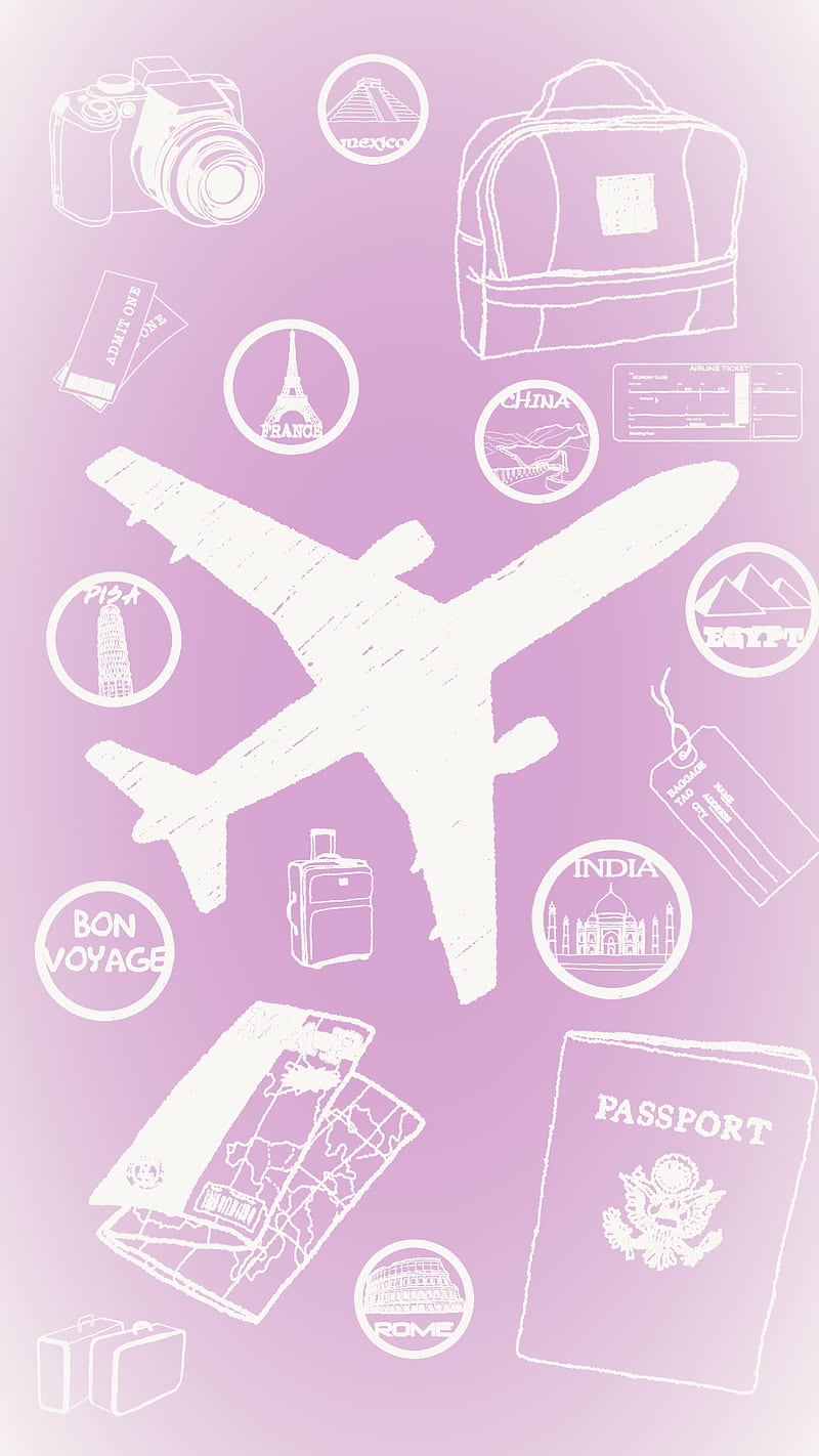 Travel stickers, luggage, map, passport, pink, plane, travelling, white, HD phone wallpaper