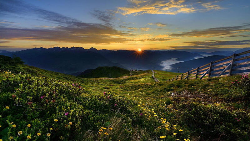 snrise on a mountainside in spring, fence, flowers, spring, sunrise, clouds, mointains, HD wallpaper