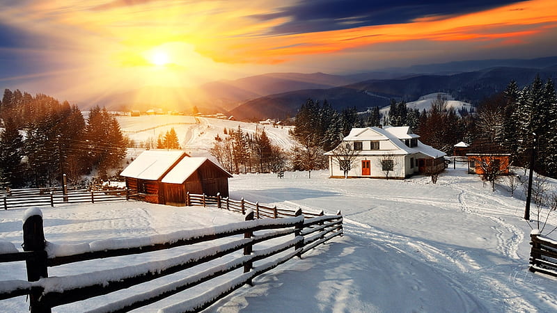 Sunrise Winter Country, dawn, holiday, ranch, country, sky, winter, farm, snow, sunrise, Firefox Persona theme, HD wallpaper