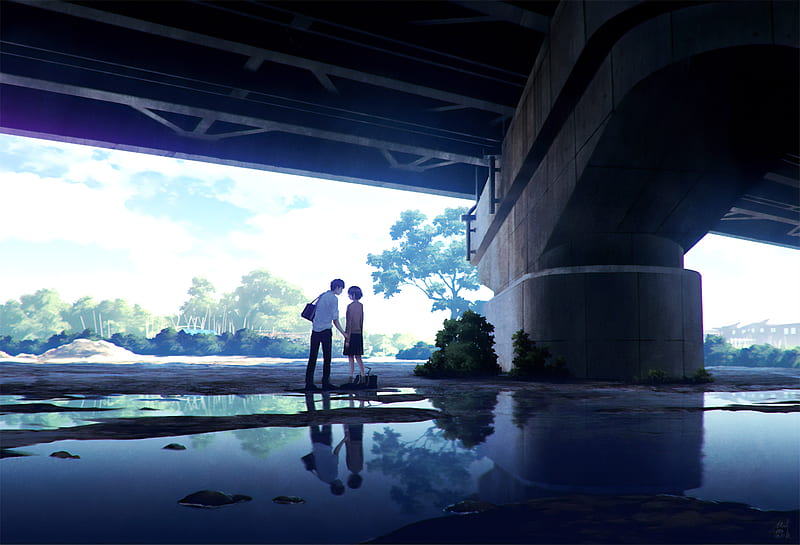 Anime Couple Meeting Under Bridge , anime-girl, anime-boy, artist, artwork, digital-art, HD wallpaper