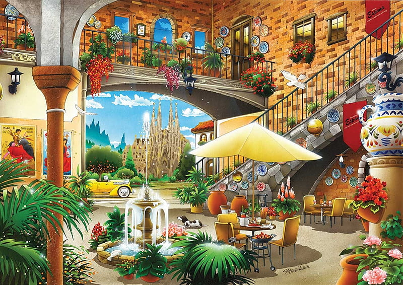 Barcelona City Scenery, house, restaurant, painting, umbrella, artwork, backyard, HD wallpaper