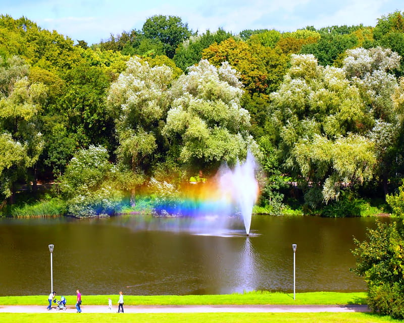 Rainbow foutain, szczecin, rusalka, foutain, park, lake, HD wallpaper