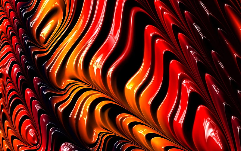 3d wave, 3d fractals, glitter, red orange shapes, HD wallpaper