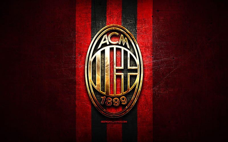 AC Milan, golden logo, Serie A, red metal background, football, Milan FC, italian football club, AC Milan logo, soccer, Italy, HD wallpaper