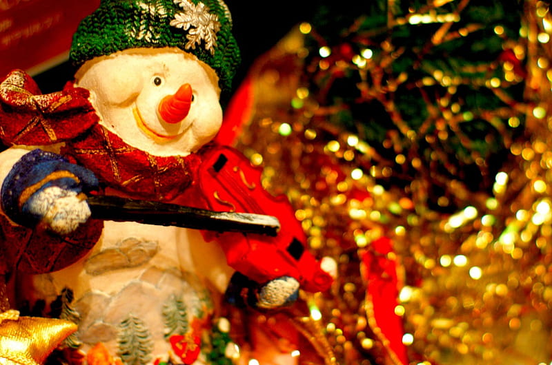 MERRY CHRISTMAS, violin, deco, christmas, holiday, glitter, Snowman, smile, hat, gold, scarf, toys, HD wallpaper