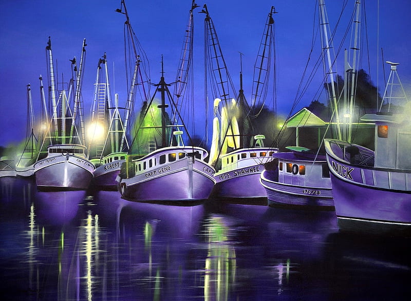 Purple Boats, boats, paintings, purple, bays, summer, cruise ships, love four seasons, attractions in dreams, HD wallpaper