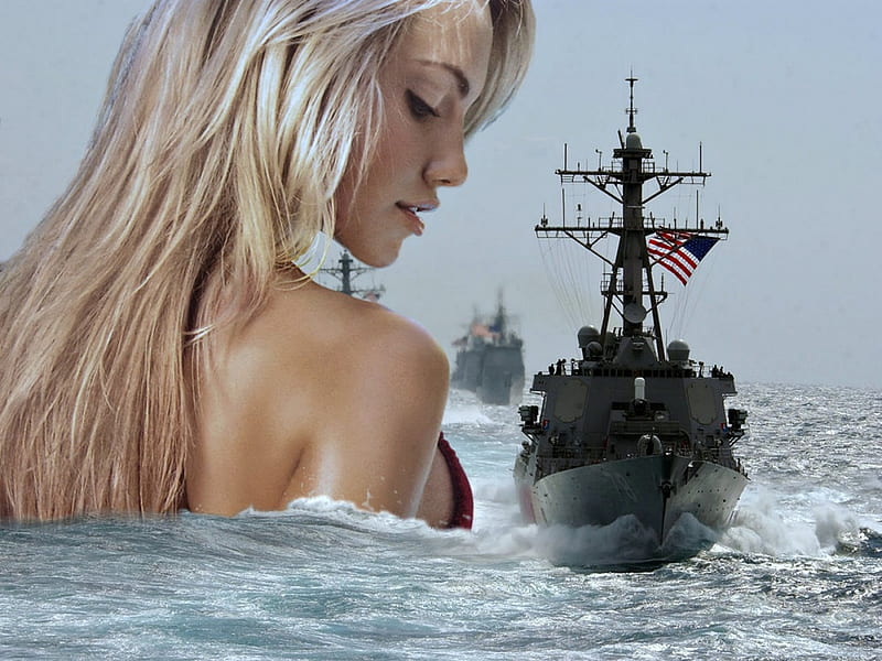 Giantess Ashley Hartman Welcomes the Troops, Abstract, Model, Warship, Blonde, HD wallpaper