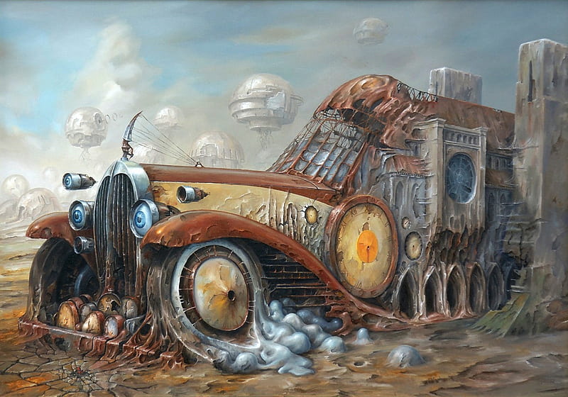 Steampunk Car, painting, art, old, wheels, HD wallpaper