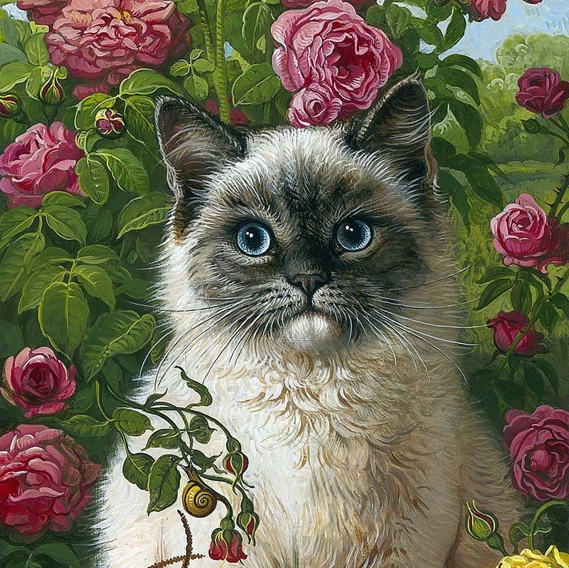 Cat, yana movchan, green, painting, flower, pink, pisici, art, rose, pictura, HD wallpaper
