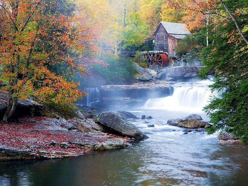 Glade Creek Grist Mill, forest, autumn, water, stones, cascade, HD wallpaper