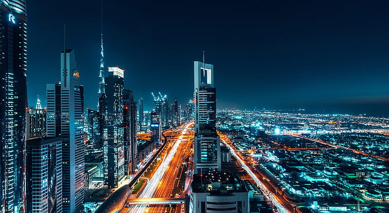 Skyscrapers at Night Ultra, City, Night, Dubai, HD wallpaper