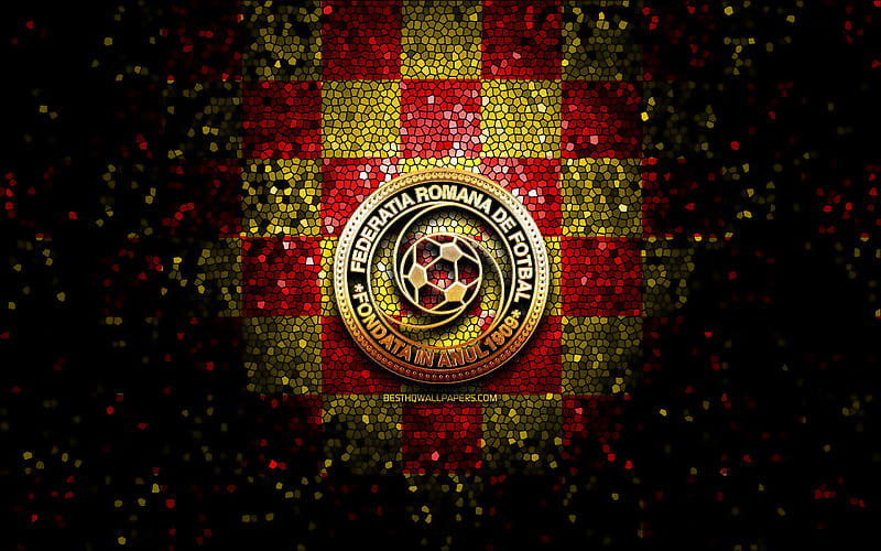 Romanian football team, glitter logo, UEFA, Europe, red yellow checkered background, mosaic art, soccer, Romania National Football Team, FRF logo, football, Romania, HD wallpaper