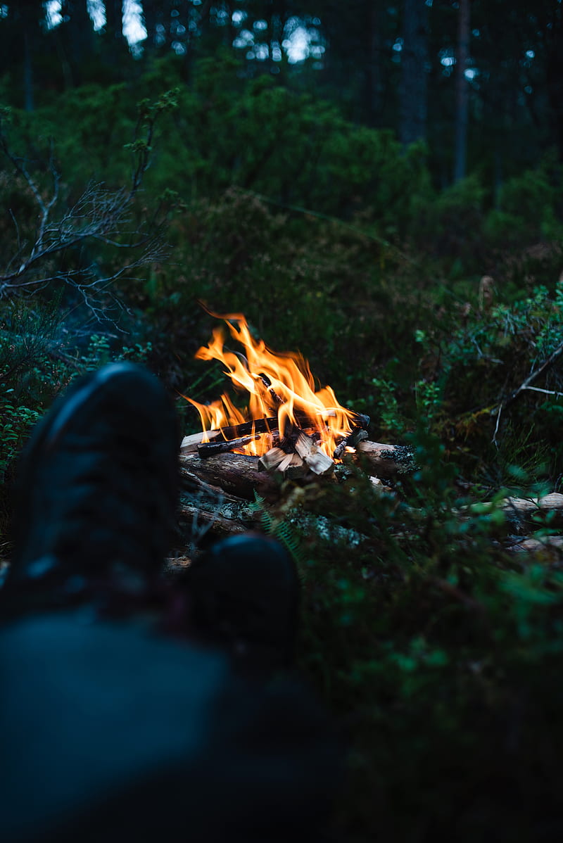 bonfire, fire, legs, camping, rest, grass, HD phone wallpaper