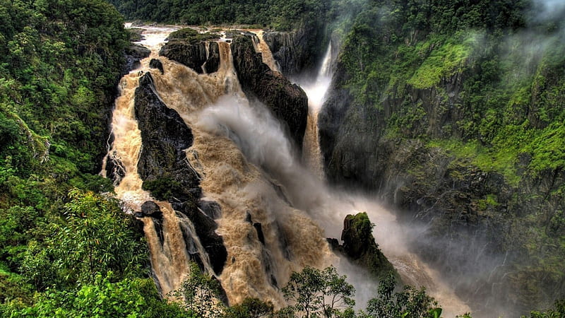 barron river falls in australia, rocks, jungle, mud, river, falls, HD wallpaper