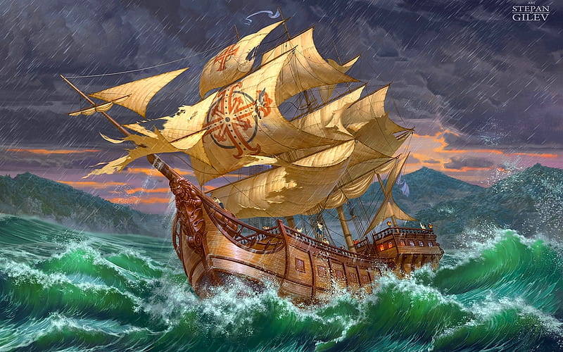 Old Ship on Stormy Seas, Old sailboat, ocean, seas, Dark skies, clipper, storm, HD wallpaper