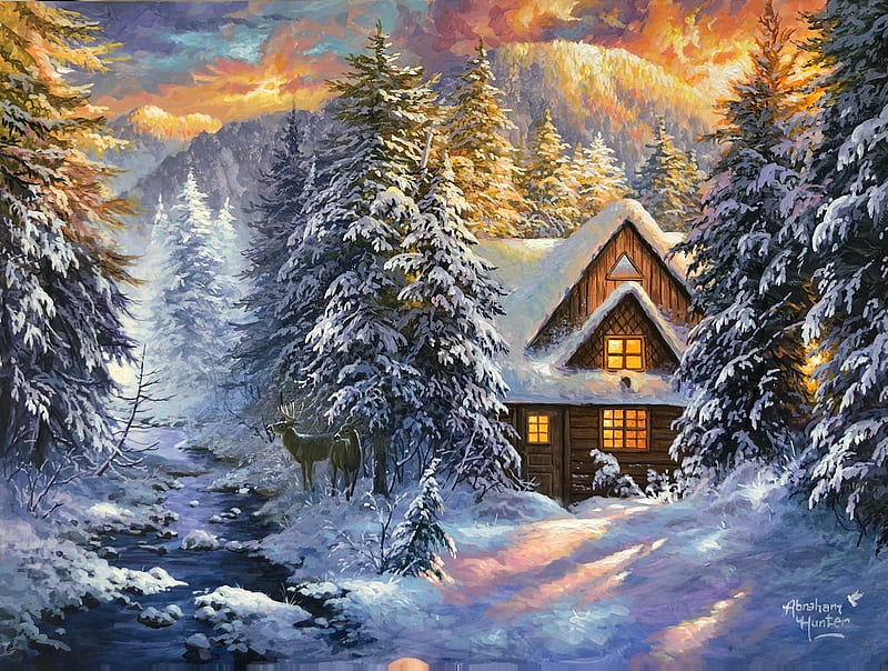 Winter Retreat, snow, mountains, ice, sunset, cabin, creek, sky, artwork, painting, HD wallpaper