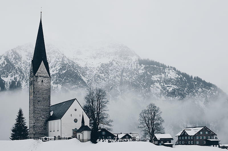 Man Made, Village, Church, Snow, Winter, HD wallpaper