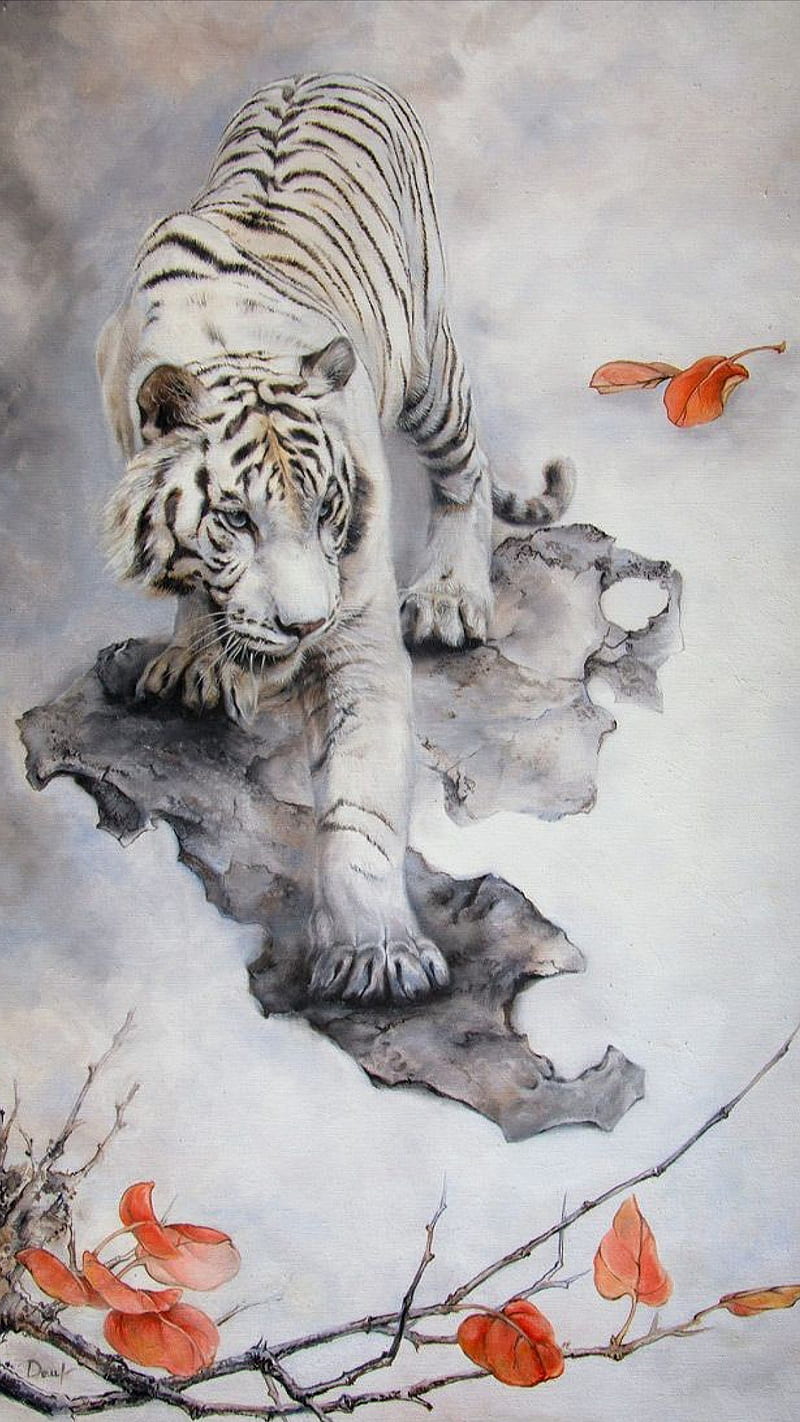 Wgite tiger, animal, big, big cat, cat, drawings, tiger, white, white tiger, wild, HD phone wallpaper