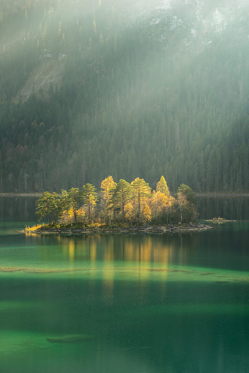 island, lake, trees, fog, HD phone wallpaper