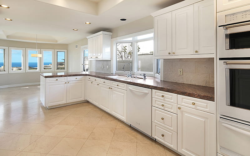 white classic kitchen furniture, classic style kitchen, modern interior design, kitchen, brown marble countertop, HD wallpaper