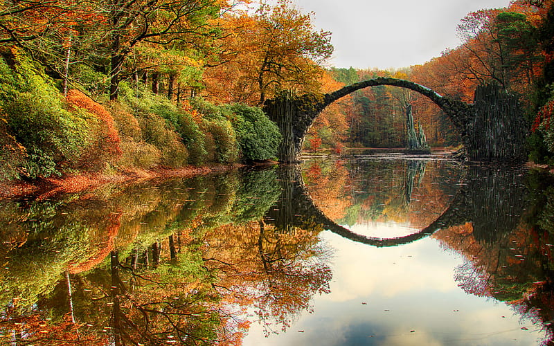 Man Made, Devil's Bridge, Bridge, Fall, Forest, Germany, Nature, Reflection, River, HD wallpaper
