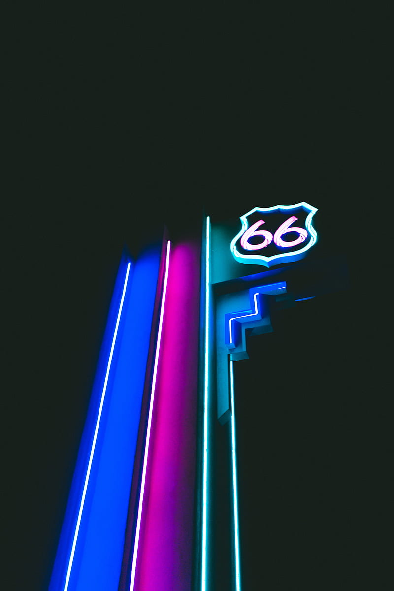 Route 66, color, light, neon, HD phone wallpaper